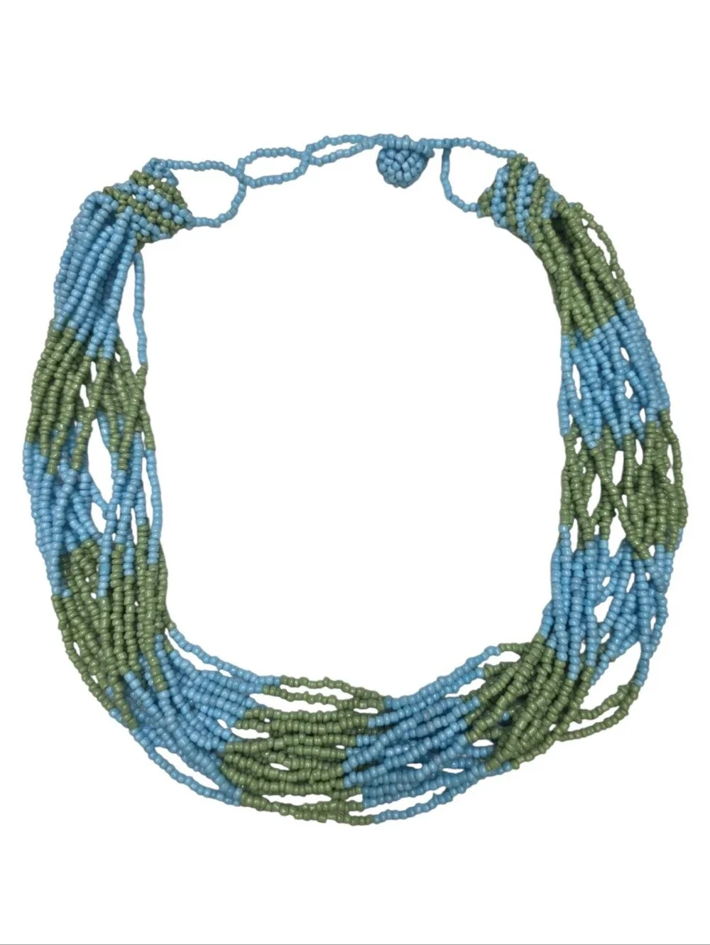 Large Multi Strand Blue & Green Seed Bead Statement Piece Boho Beaded Necklace